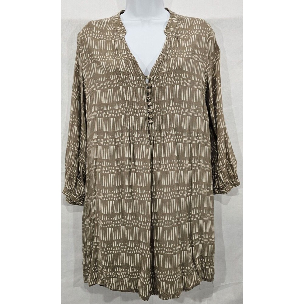 Fossil Womens Tunic Top Boho Print 3/4 Sleeve V-Neck Khaki Lightweight Casual M
